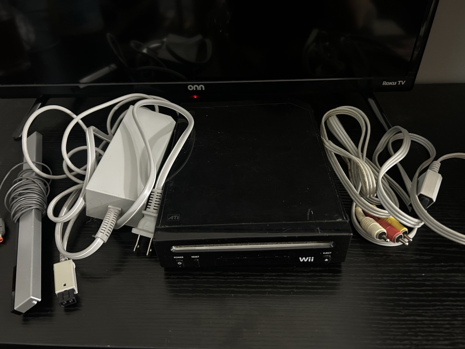 Nintendo Wii RVL-001 Black Console w/ Sensor Bar, Power/AV, Wi-Fi 480p NTSC