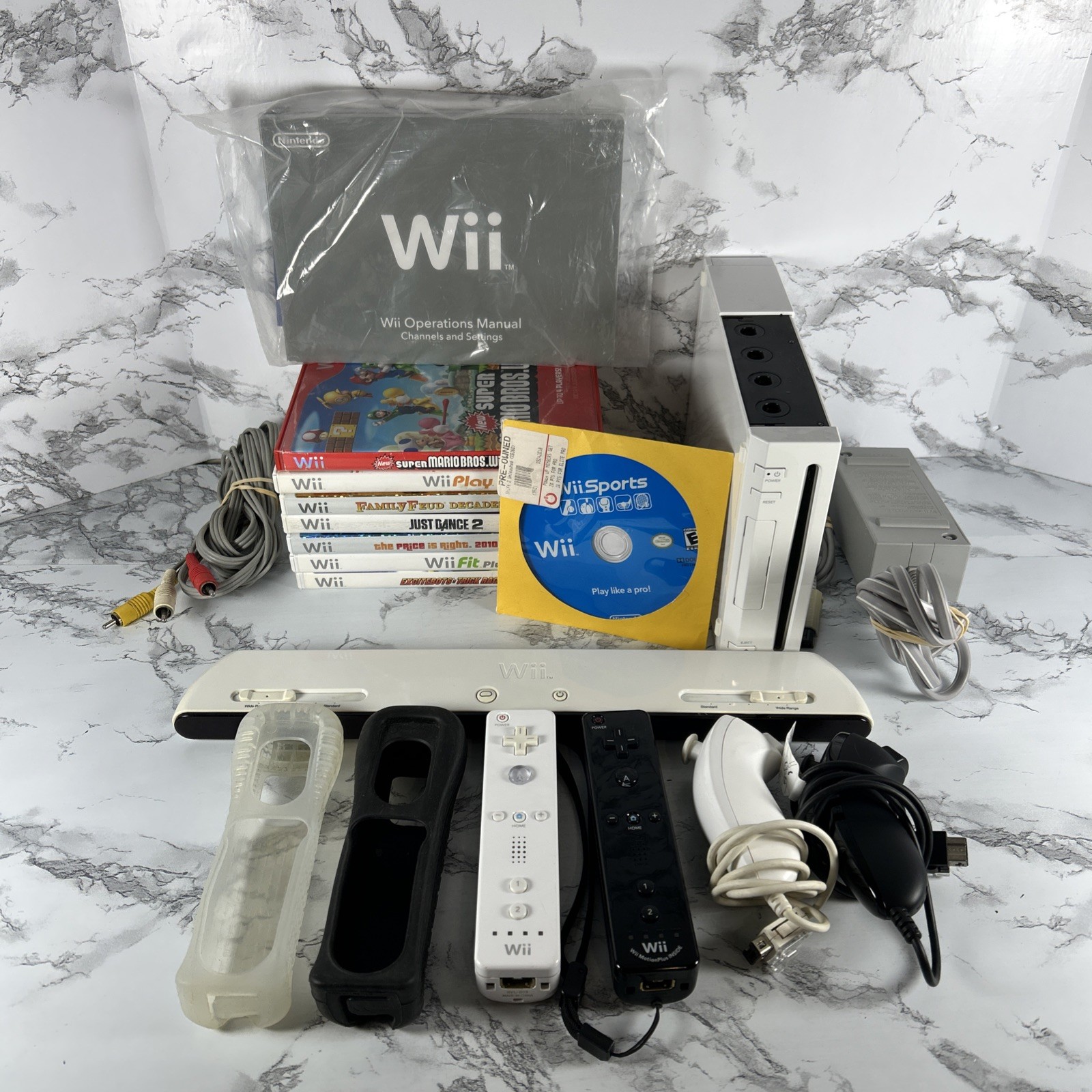 Nintendo Wii Console RVL 001 Lot 2 Wii Remotes, Wires, Wii Sports & More
