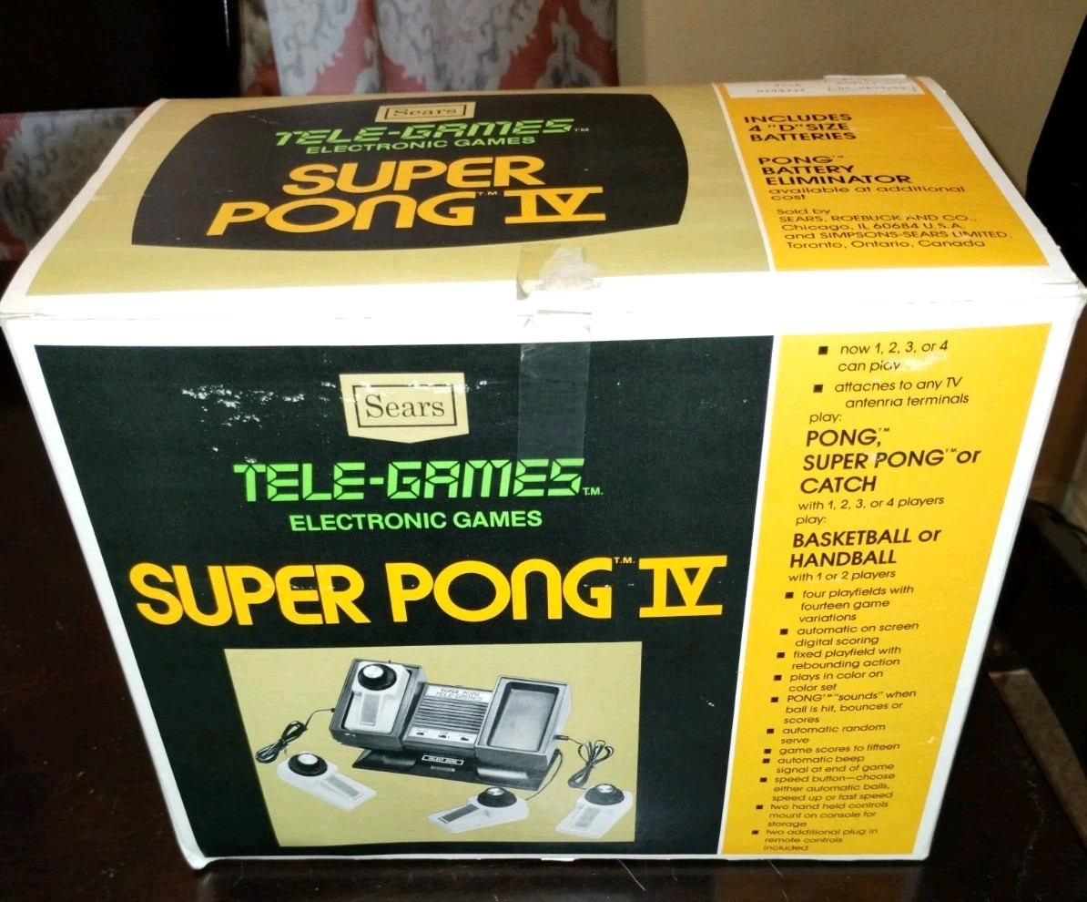 Vintage Sears Tele-Games Atari Super Pong IV w/ 4 Controllers In Original Box