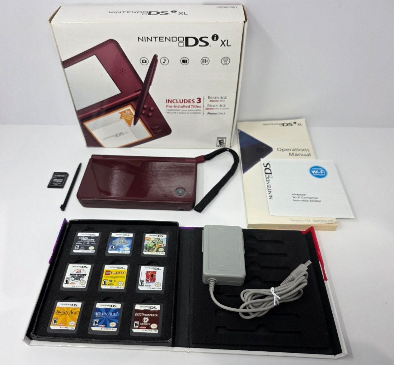 Nintendo DSi XL Handheld Console Red Burgundy, Complete in Box + 9 Games * NTSC