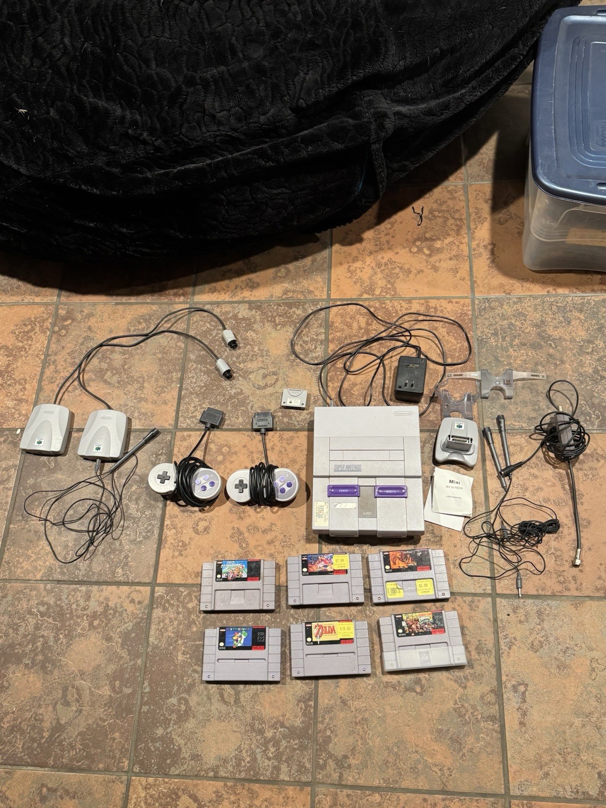 SNES Super Nintendo Console Bundle – 6 Games + 2 Controllers + Cables