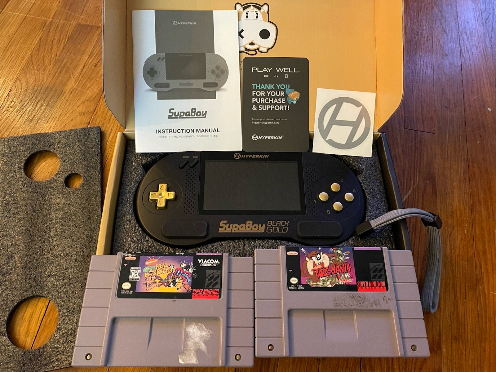 Hyperkin SupaBoy Portable Pocket Black Gold Console Two Carts Retro Gaming SNES
