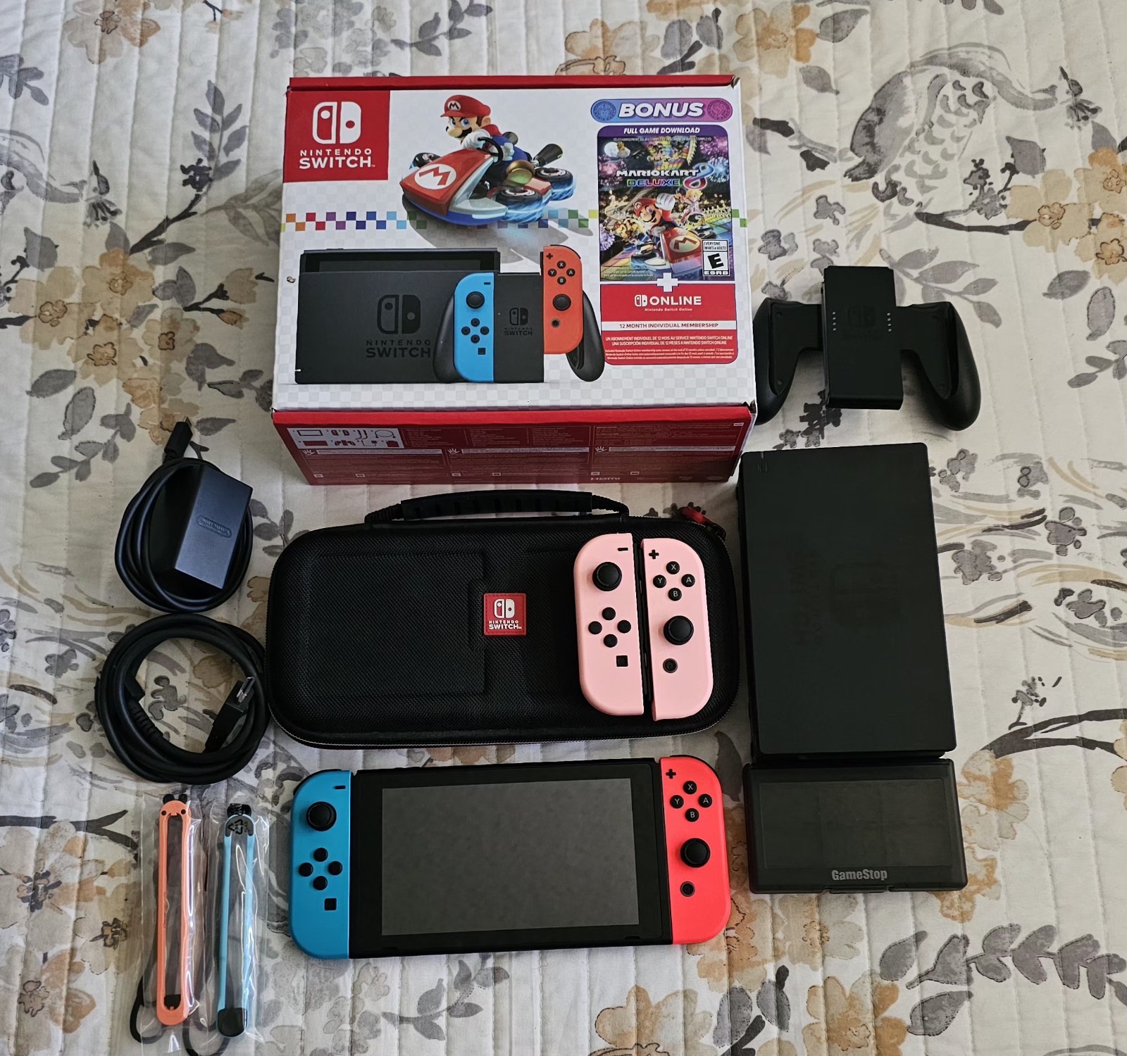 Nintendo Switch V2 Boxed Console Bundle + Extra Pink Joy Cons, Case, Grips