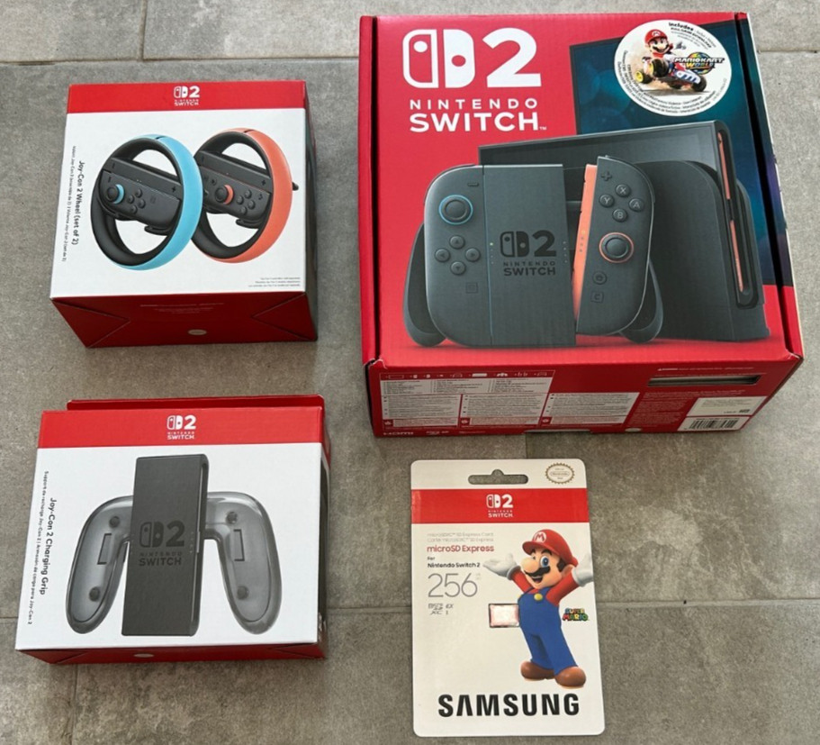 New! Nintendo Switch 2 Console + Mario Kart World + 256GB + Joy Con 2 Wheels