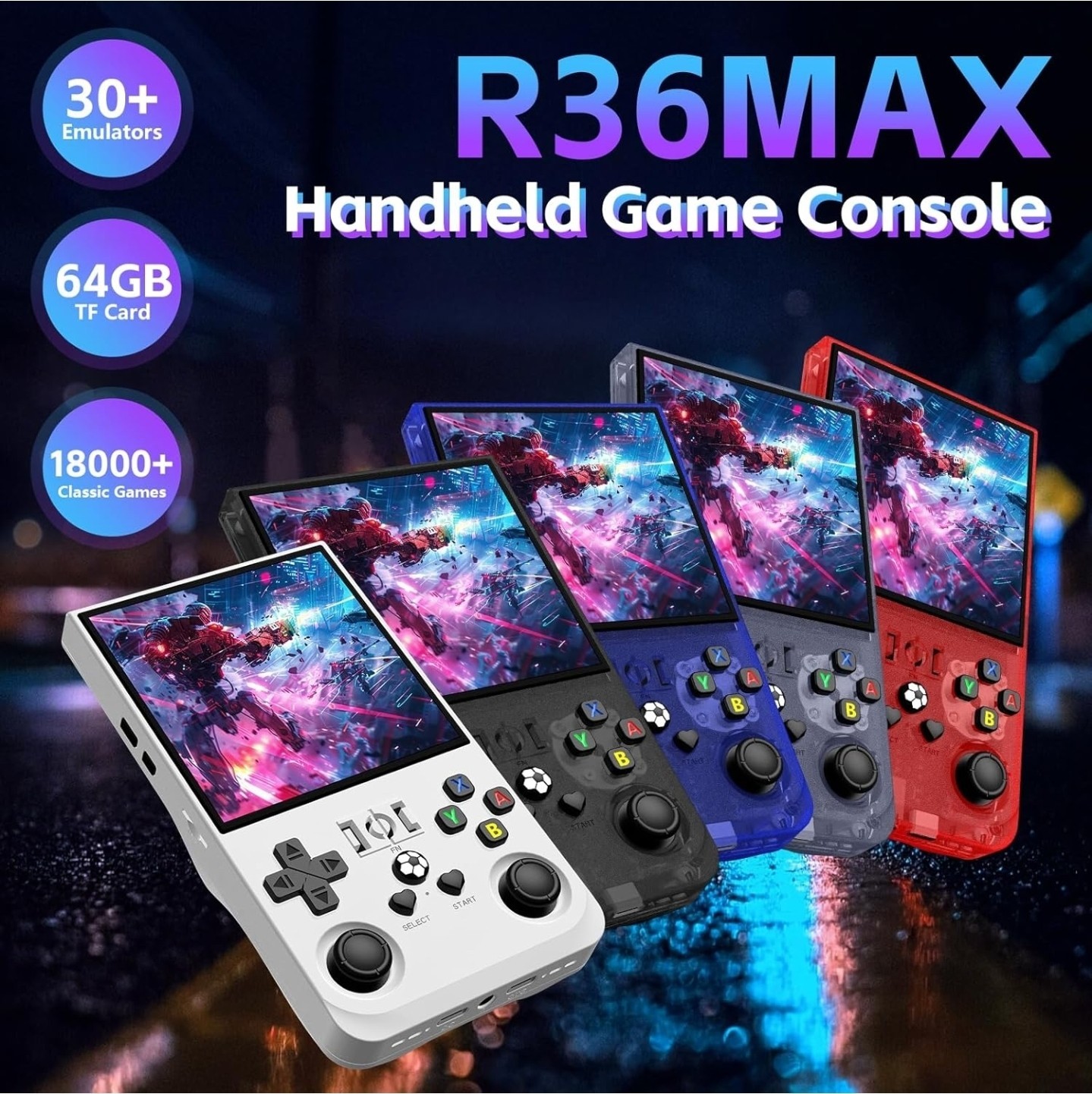 R36MAX Red Handheld Game Console 64GB Dual 3D Joysticks USB-C Red