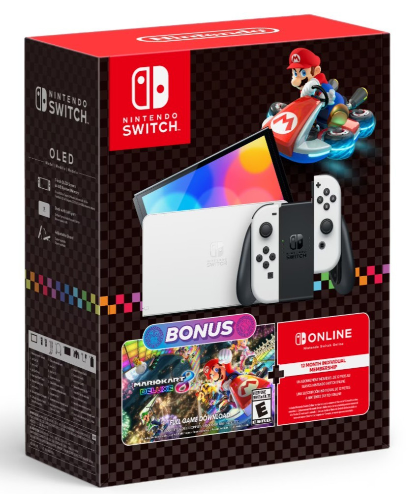Nintendo Switch OLED Model Mario Kart 8 Deluxe White Joycon Console Bundle