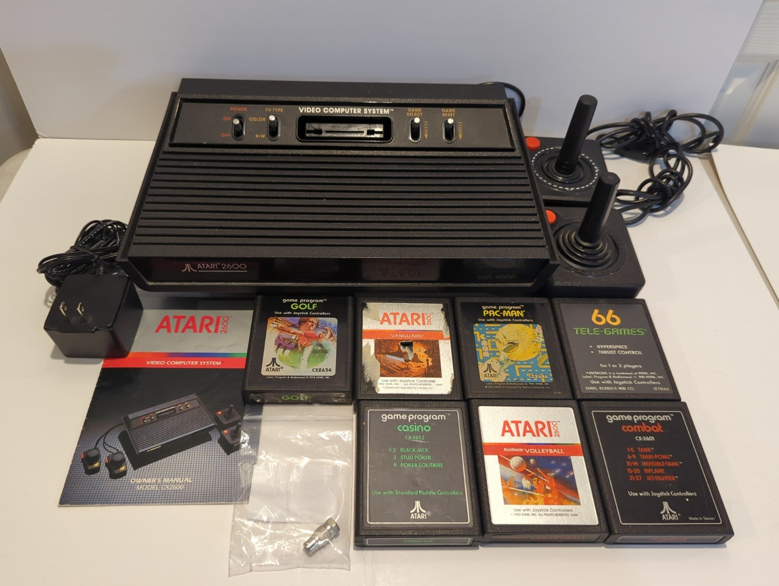Atari 2600 Vader Black Console Bundle Cleaned Tested With 7 Games, two joysticks