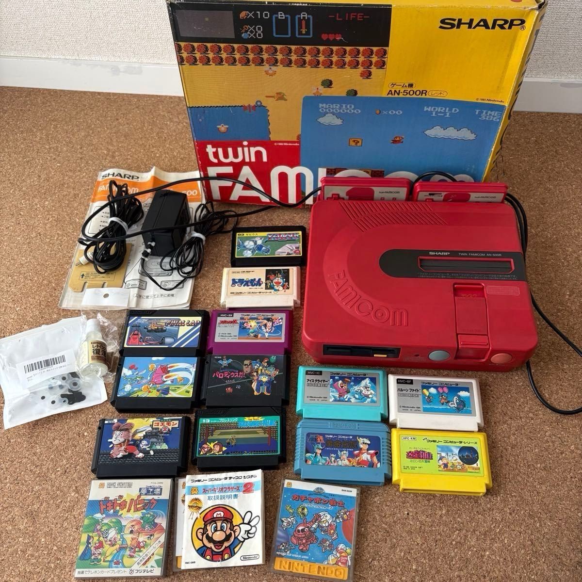 SHARP Twin Famicom AN-500R Red Console System + 15 Game Lot NTSC-J Japan Tested
