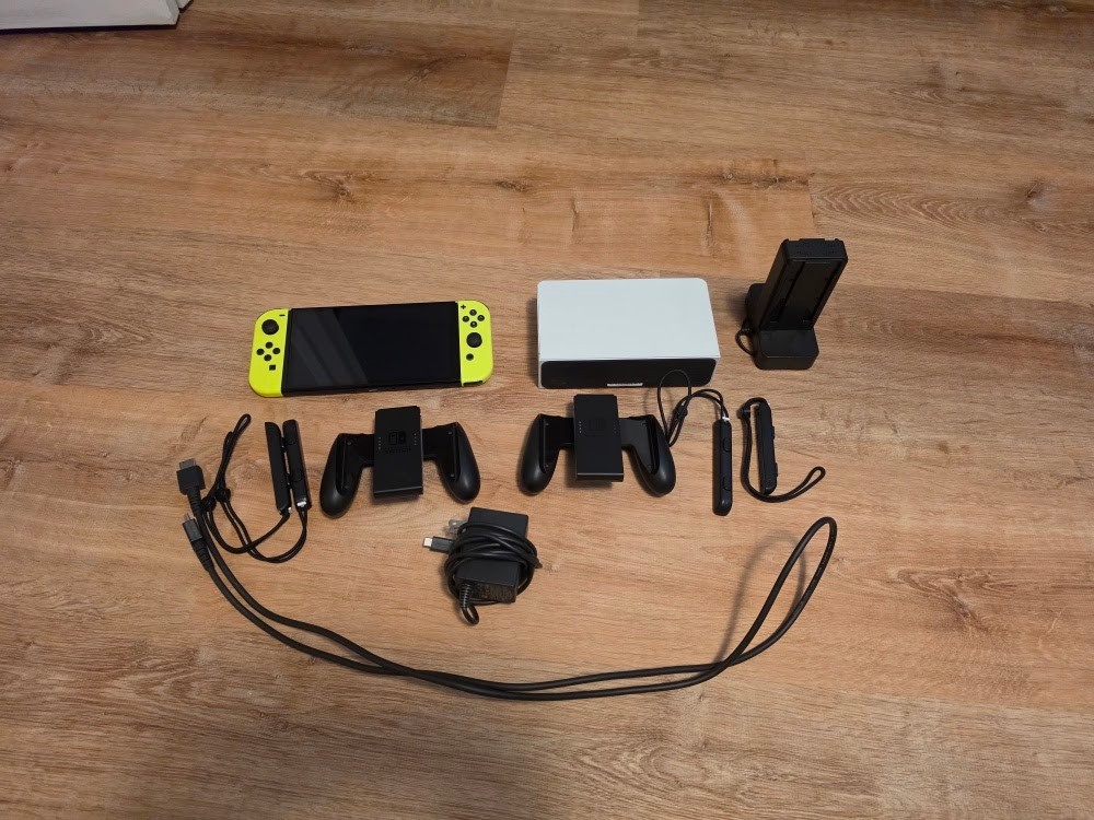 Nintendo Switch OLED Console Bundle Neon Green Yellow Joy-Con White Dock Extras