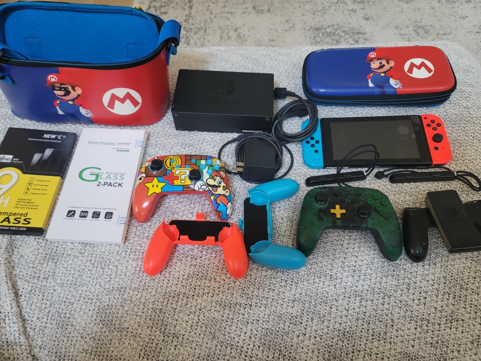 Nintendo Switch Joy-Con Neon Blue and Red Bundle w/ Accessories and 256 gb card