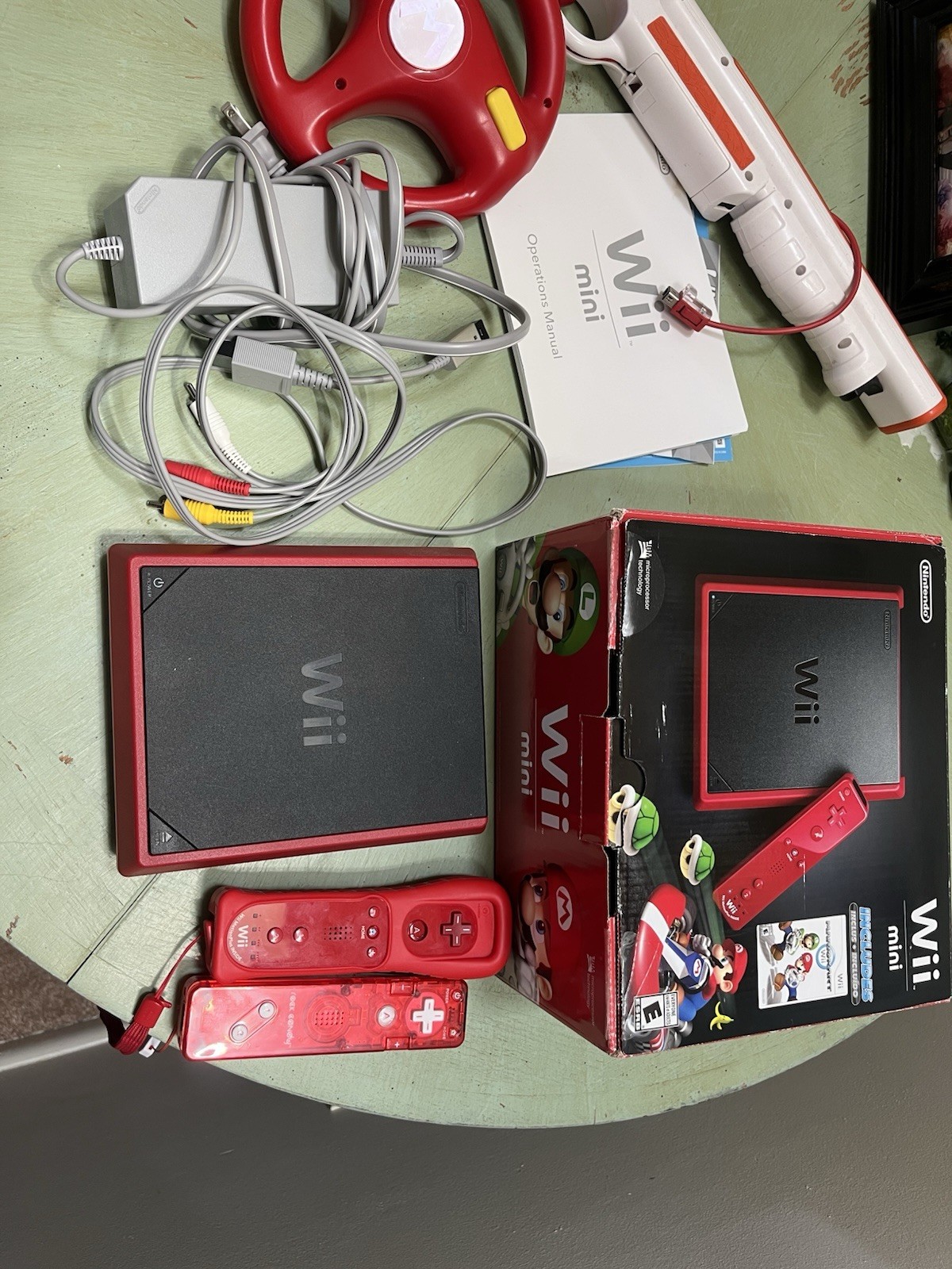 Nintendo Wii Mini Red Console Mario Kart Bundle *Tested *Missing Sensor Bar*