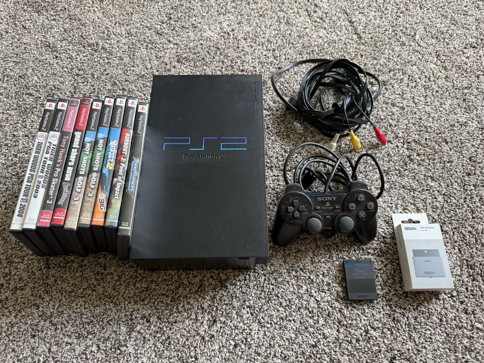 Sony PlayStation 2 PS2 Fat Bundle SCPH-39001 – 9 Games + 8BitDo Retro Receiver