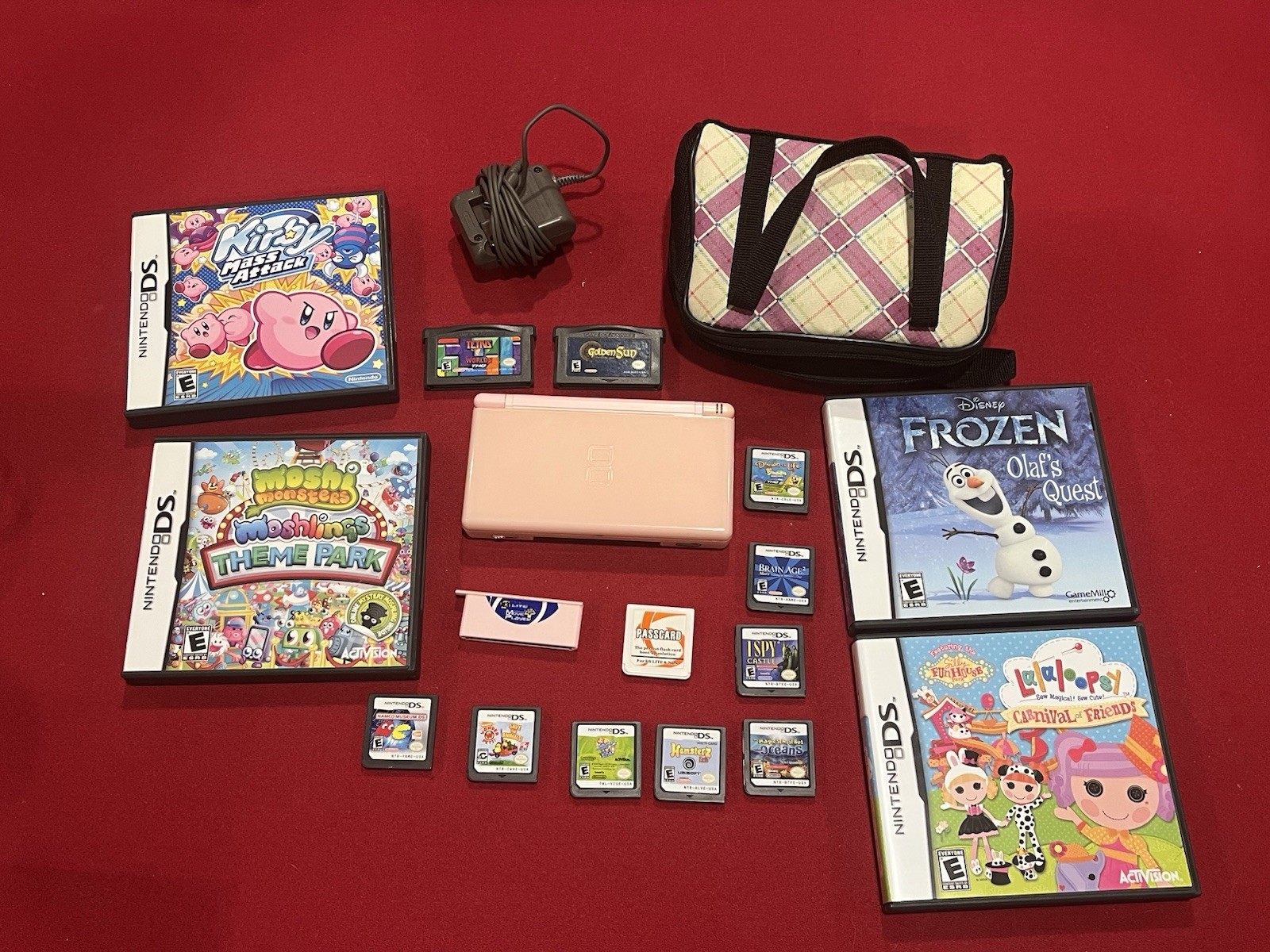 Nintendo DS Lite Coral Pink W/ Charger, Case, Games, Pass Card & M3 Player