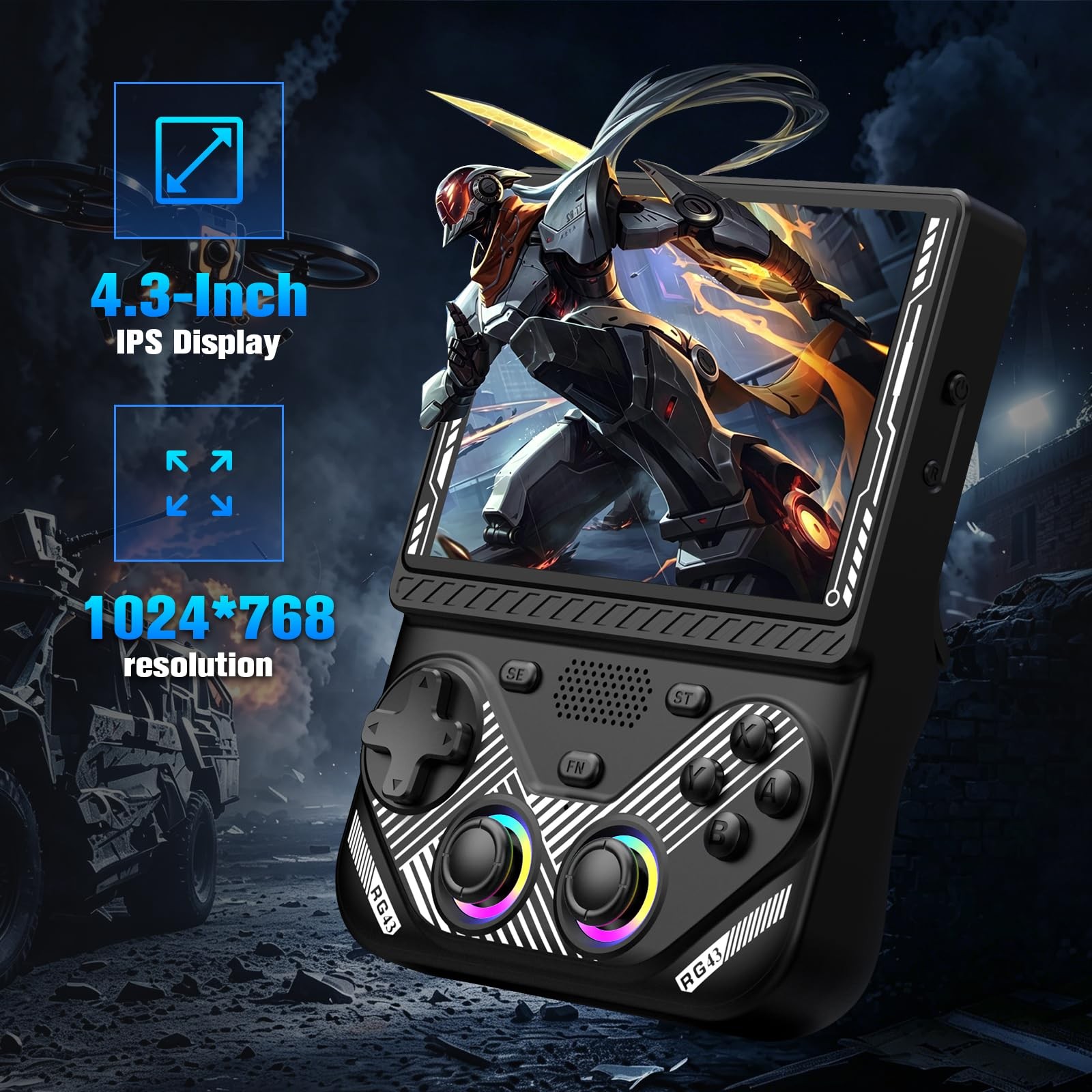 RG43V Pro Retro Handheld Game Console, 4.3 Inch IPS Screen, Portable Dual Sys…