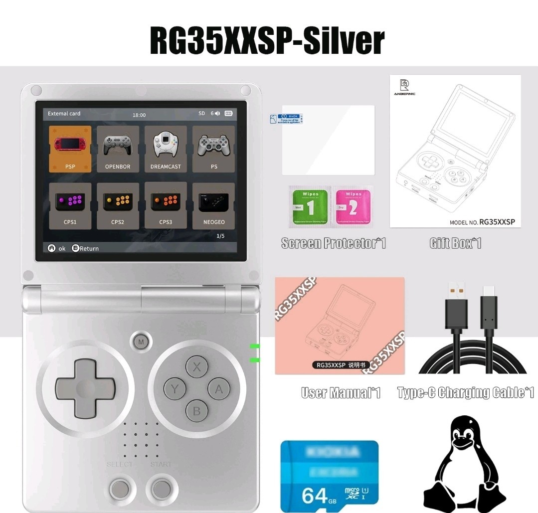 ANBERNIC RG35XXSP Retro Handheld Pre-owned/ IPS Screen W/64G Gamecard LQQK!🔥