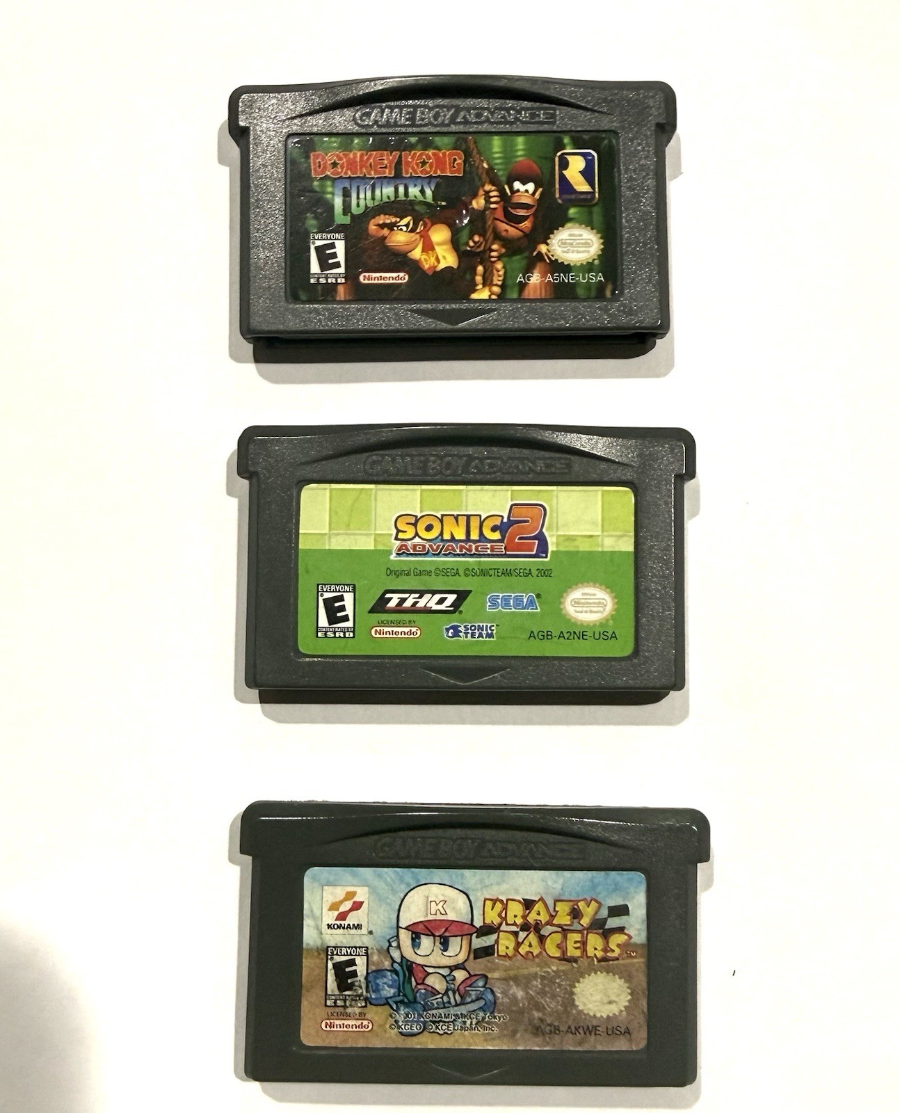 Nintendo GBA Lot 3 Donkey Kong Country Sonic Advance 2 Konami Krazy Racers Games