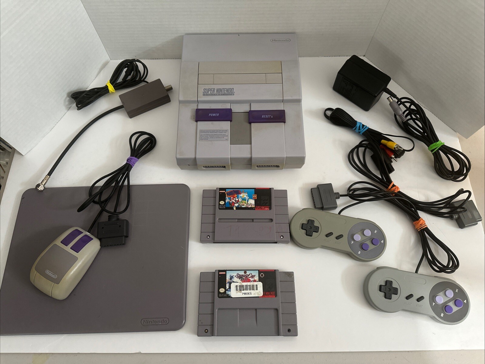 Super Nintendo SNES Console Bundle W/ Mario Paint, Controllers, Cables – Tested