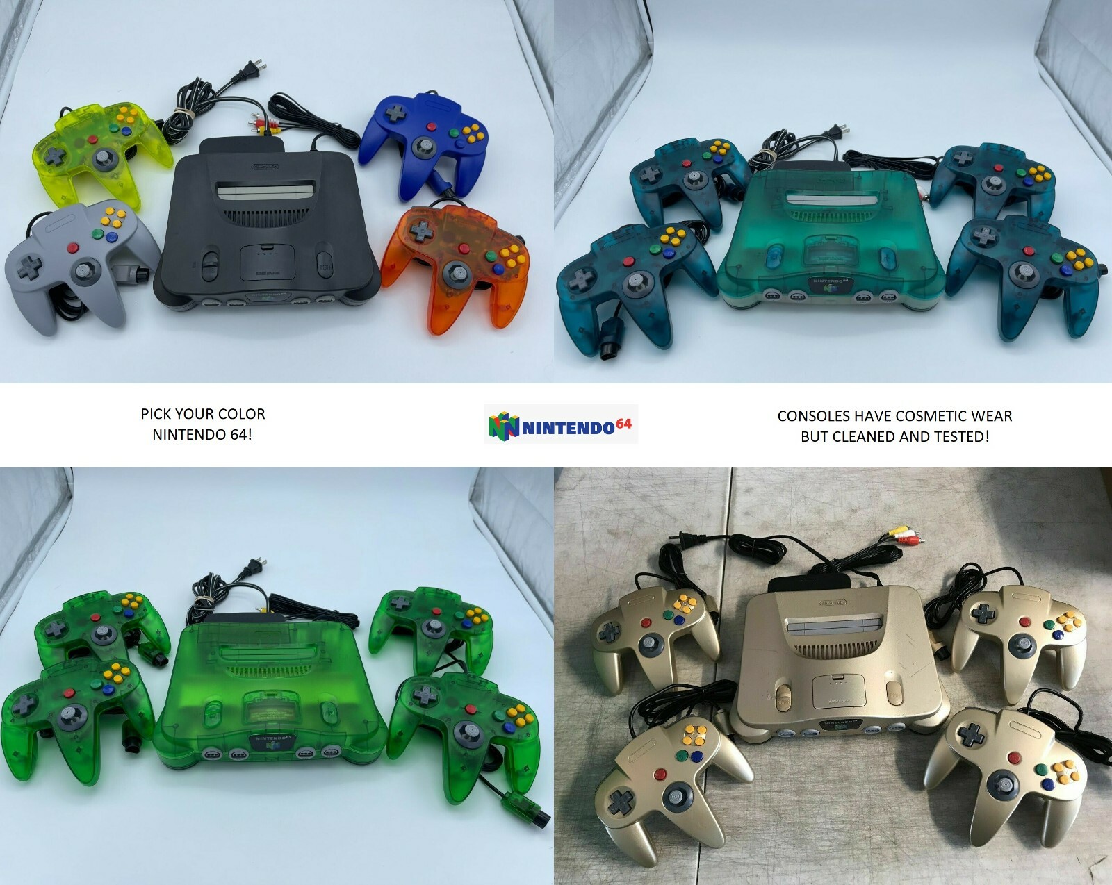Choose Nintendo 64 WORN Console Color + Up to 4 Controllers + Cords! CLEANED N64
