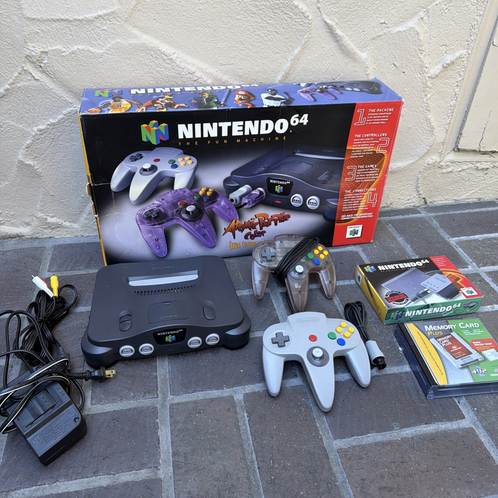 NINTENDO 64 CONSOLE w/Atomic Purple & OEM Gray Controllers BOX, FOAM Tested N64