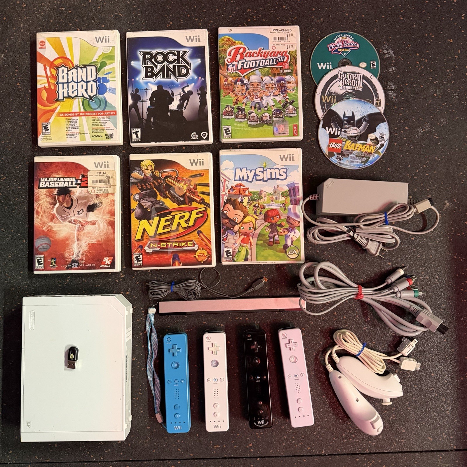 Nintendo Wii Console RVL-001 Motion Plus Remotes Cords Sensor Bar and 9 Games
