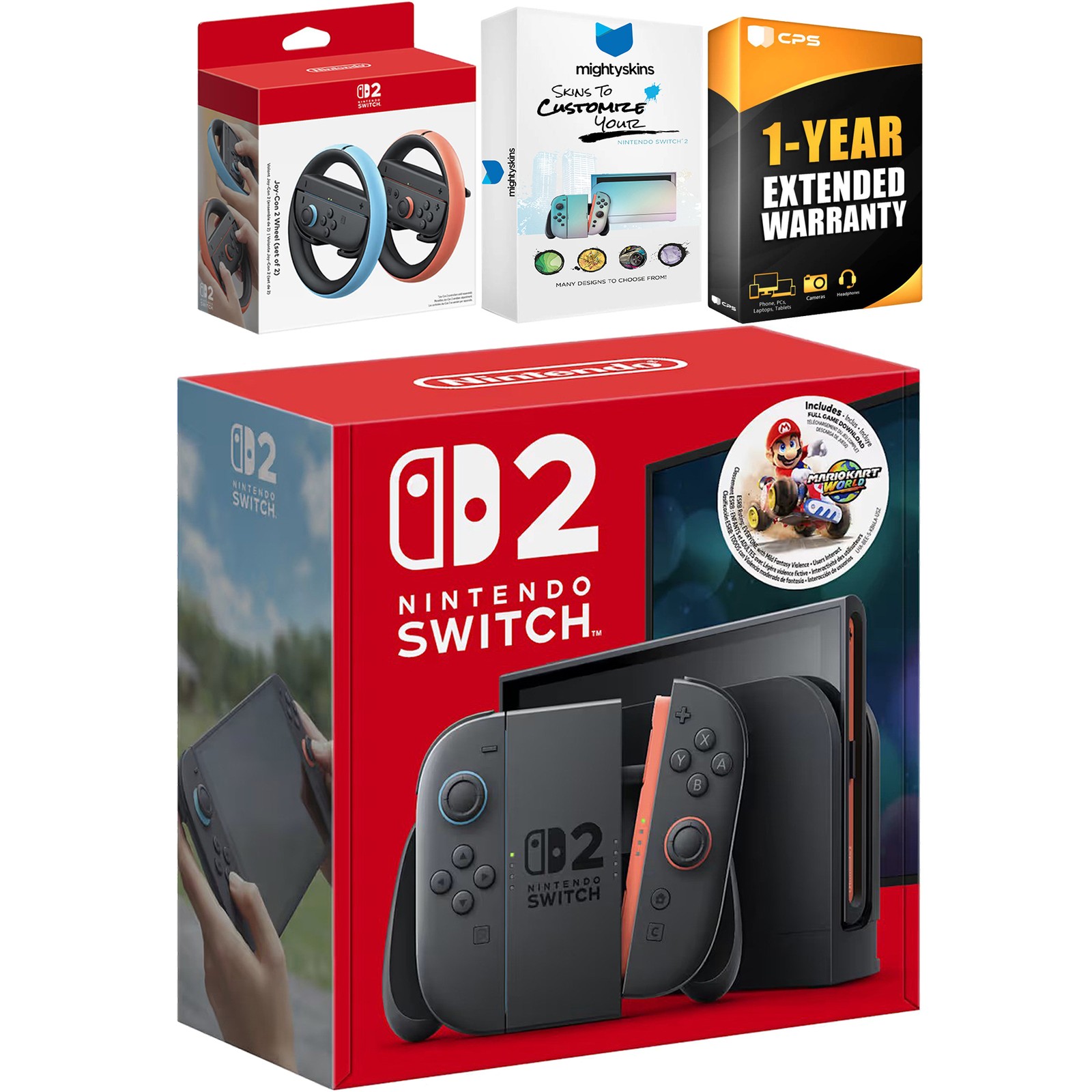 Nintendo Switch 2 Mario Kart Bundle, Joy Con Wheel, MightySkins Code