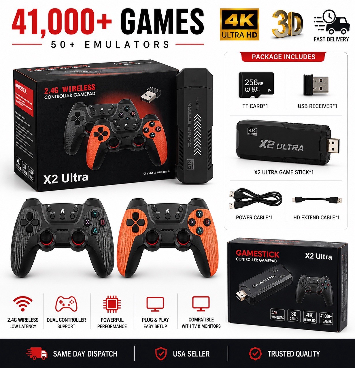X2 Pro 4K Game Stick 35,000+ Games 128GB Dual Wireless Controllers Retro Console