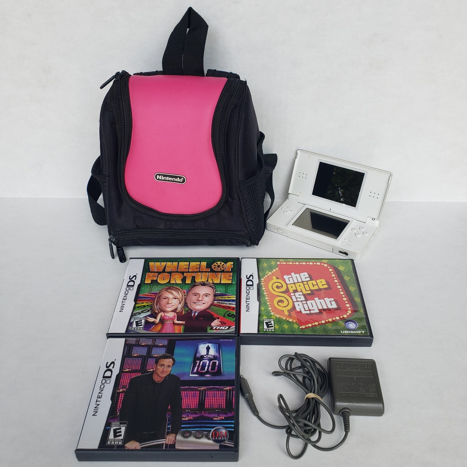 Nintendo DS Lite USG-001 Polar White Handheld w/ Charger 3 Games & Mini Backpack