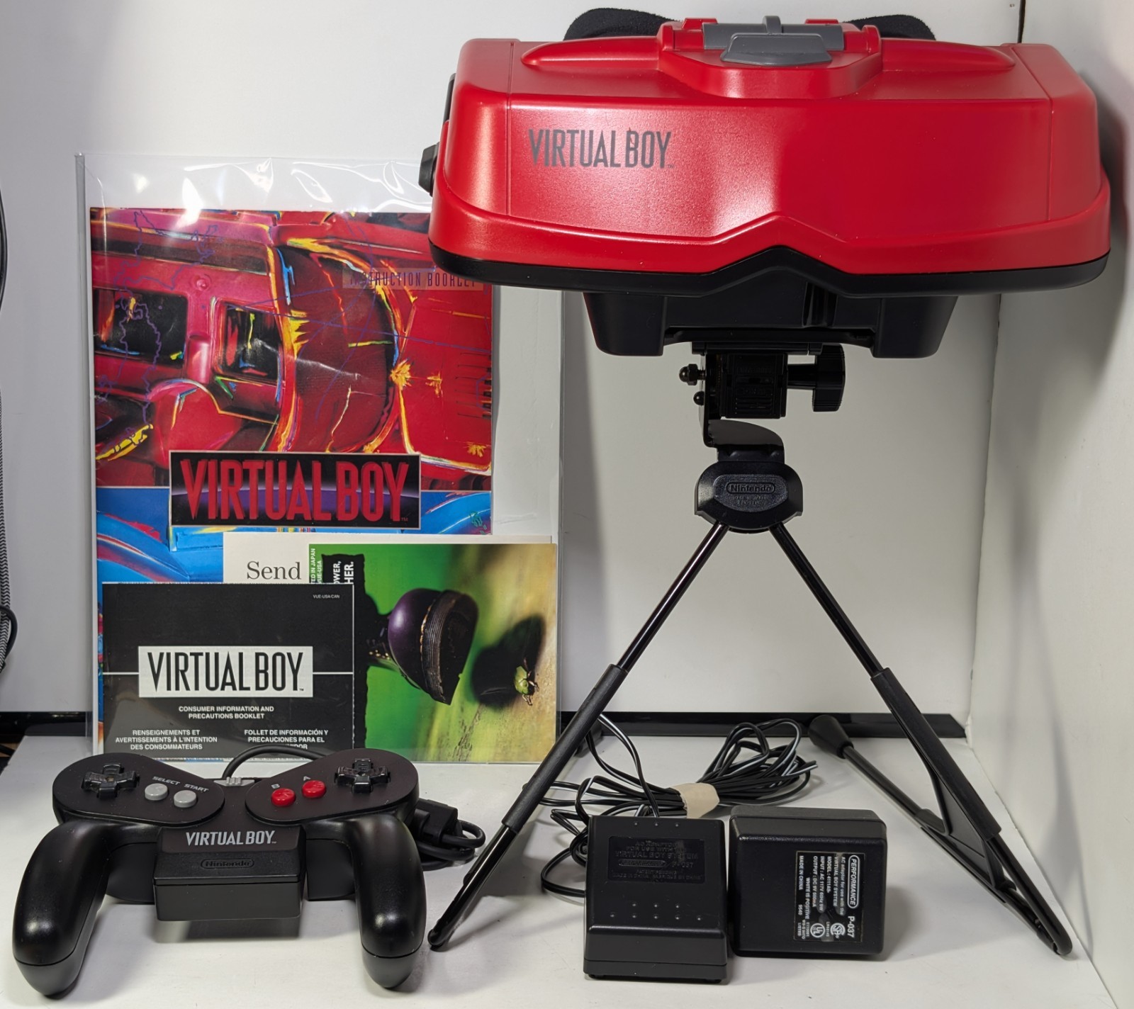 1995 Nintendo Virtual Boy Console Controller AC Adapter Manual Inserts Tested