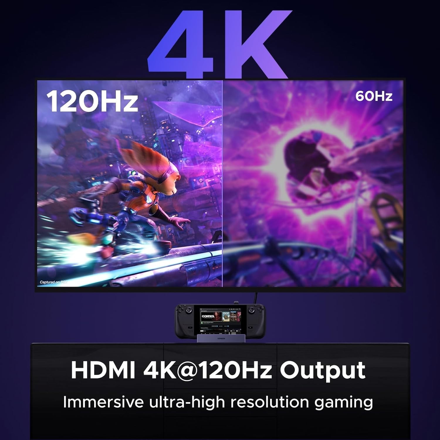 Portable Steam Deck Dock: 4K@120Hz HDMI, USB-A, USB-C & Gigabit Ethernet=