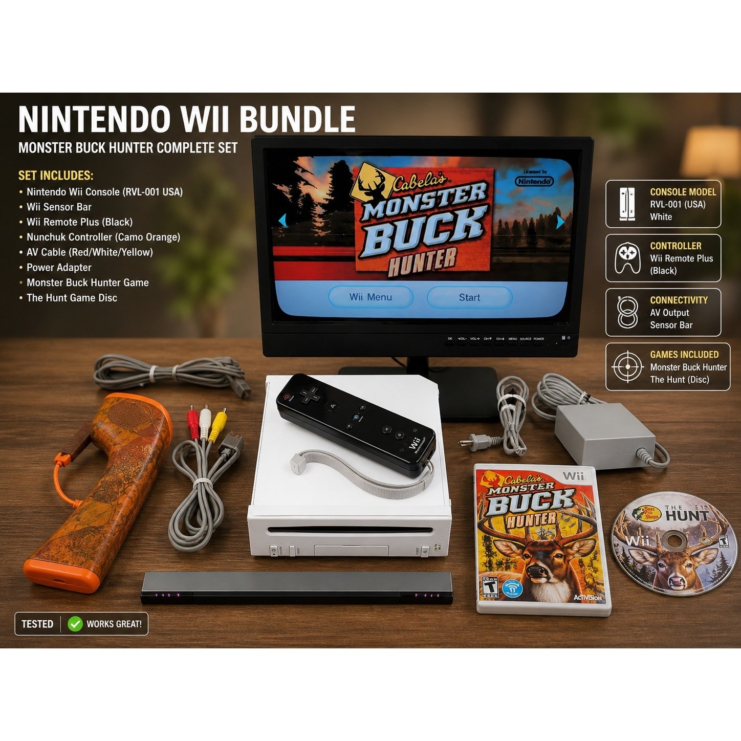 Nintendo Wii RVL-001 Console Bundle White GameCube Ports Hunting Game Rifle Camo
