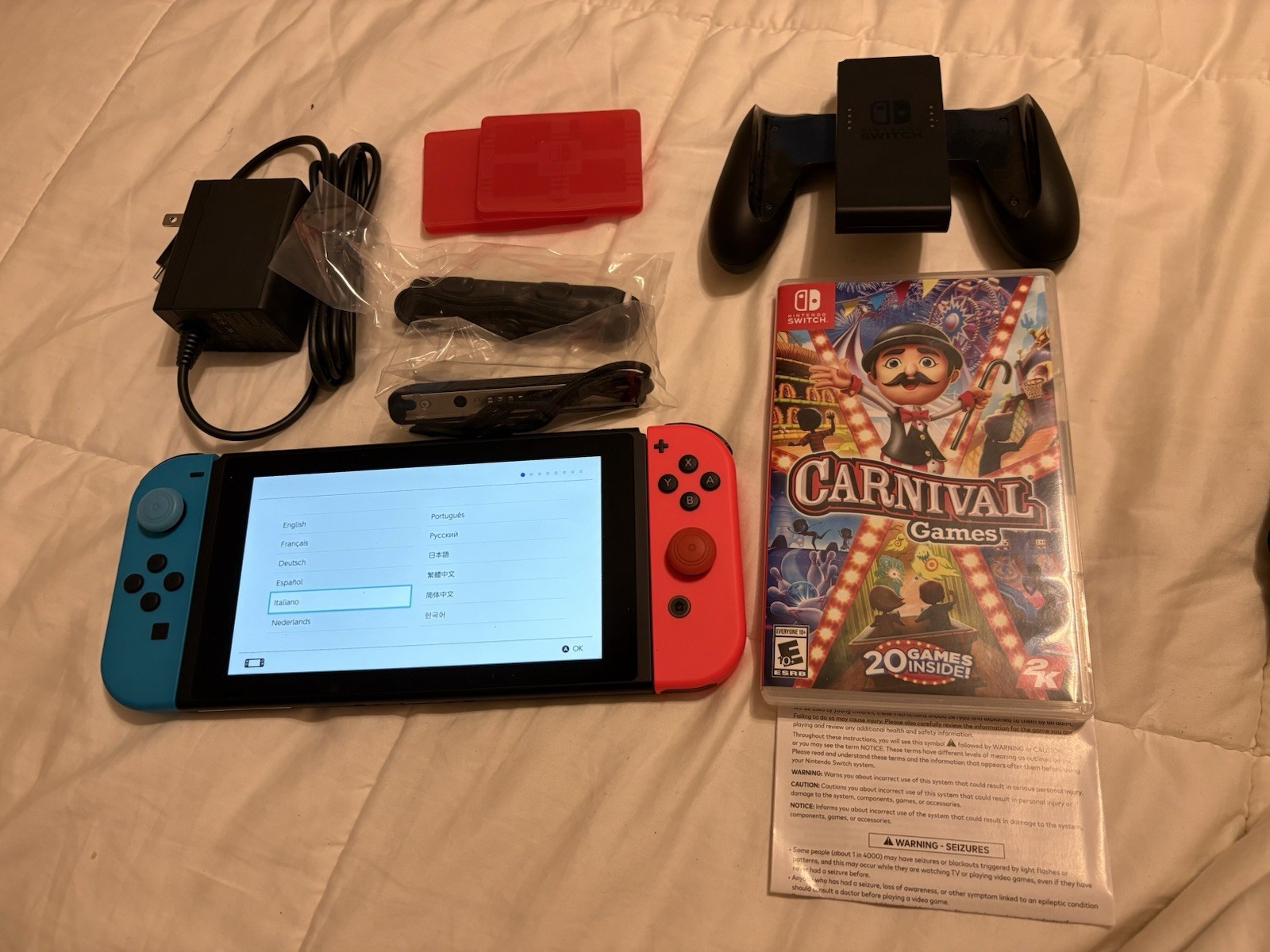 Nintendo Switch V2 HAC-001-01 Red Blue Bundle OEM Charger Carnival Games Tested