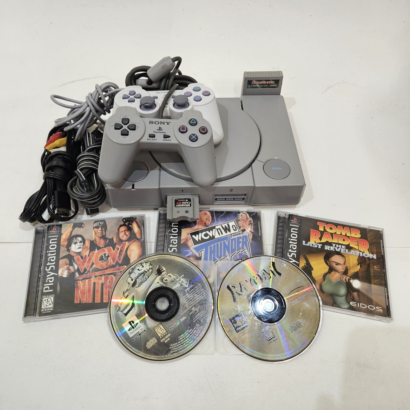 Sony PlayStation 1 PS1 SCPH-1001 Console Crash Tomb Raider WCW Rayman TESTED