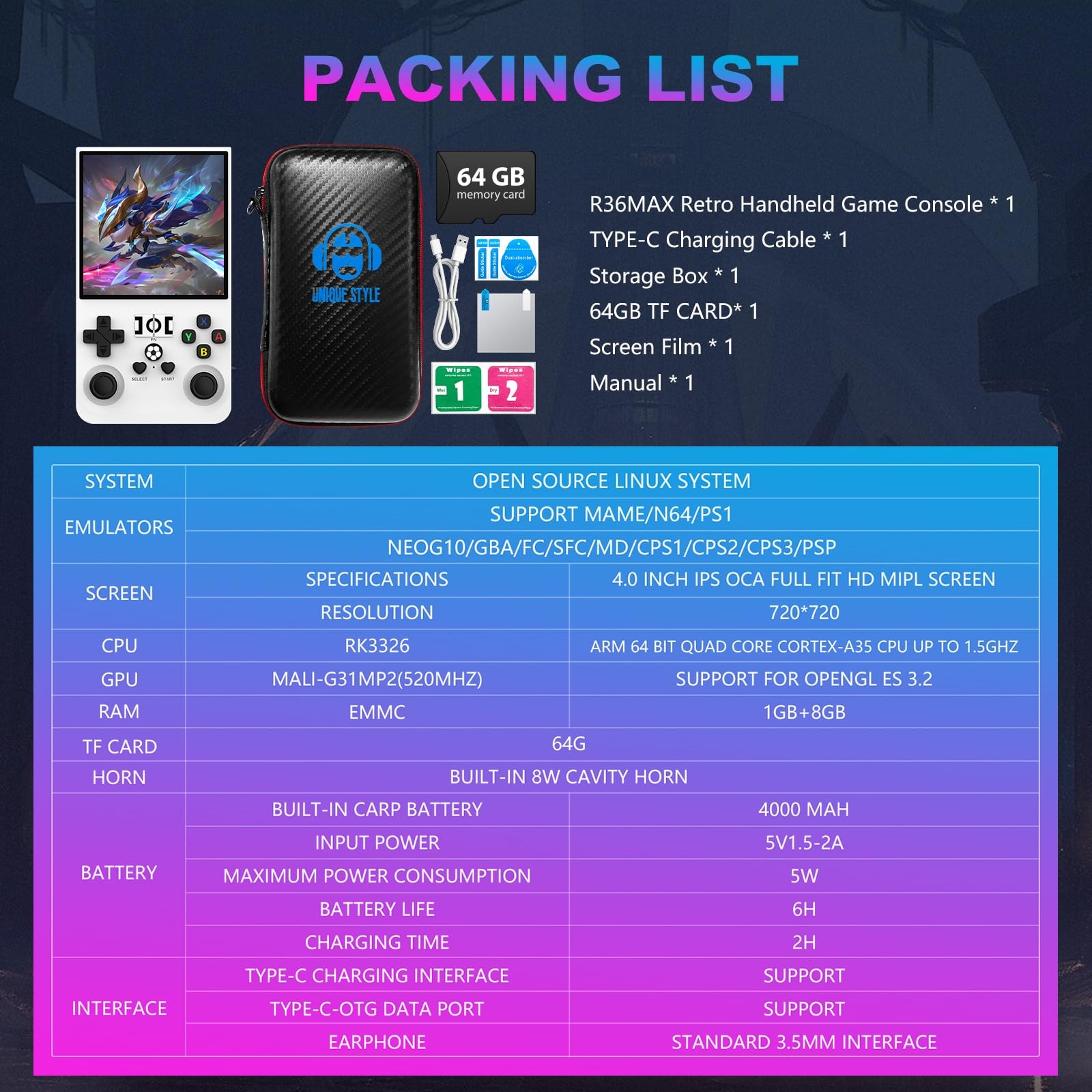 R36MAX Retro Handheld Game Console, 4.0 Inch 720×720 IPS Screen, 64GB Built-i…