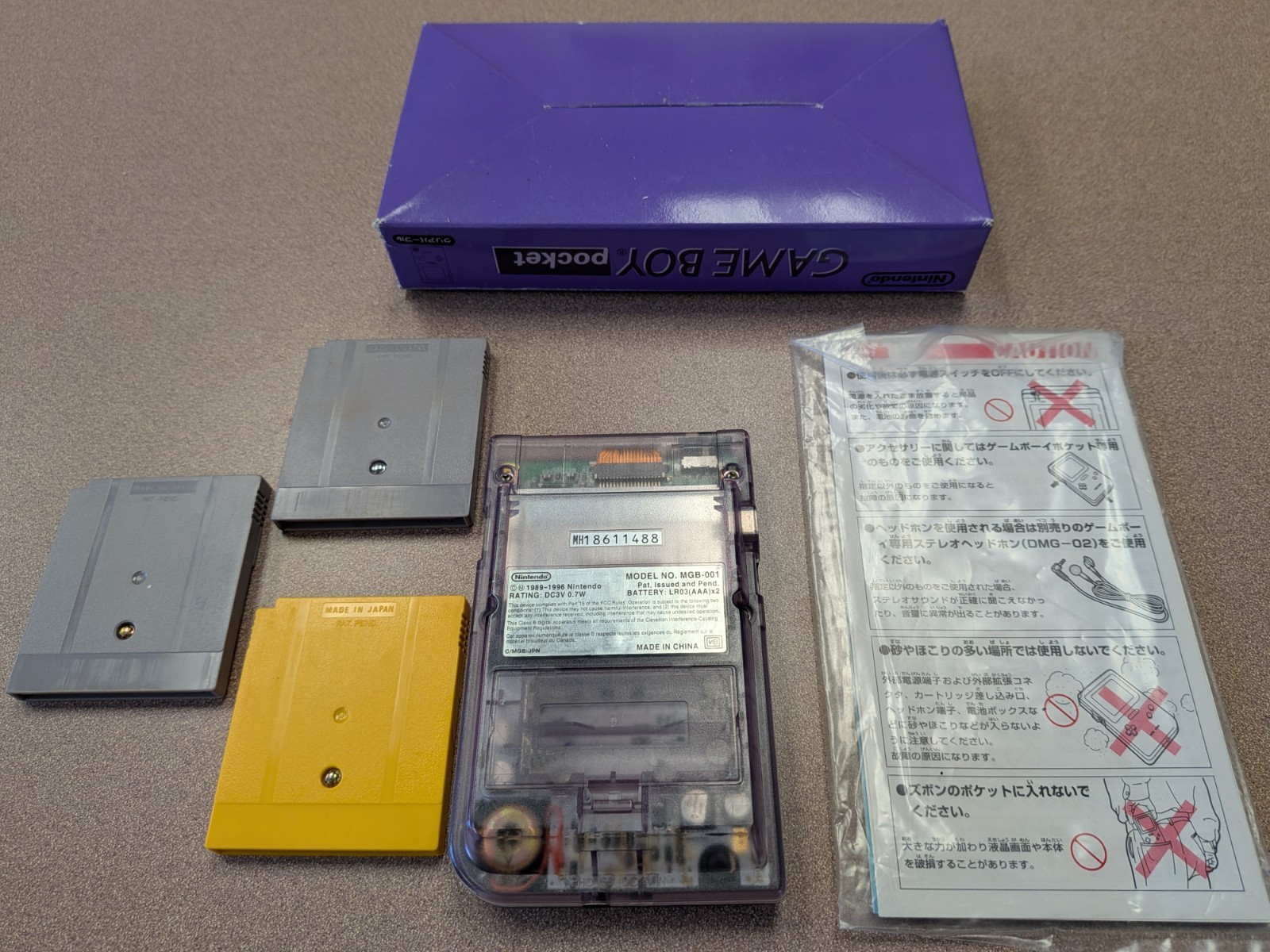 Gameboy Pocket System Atomic Purple Tested Works Three Games CIB