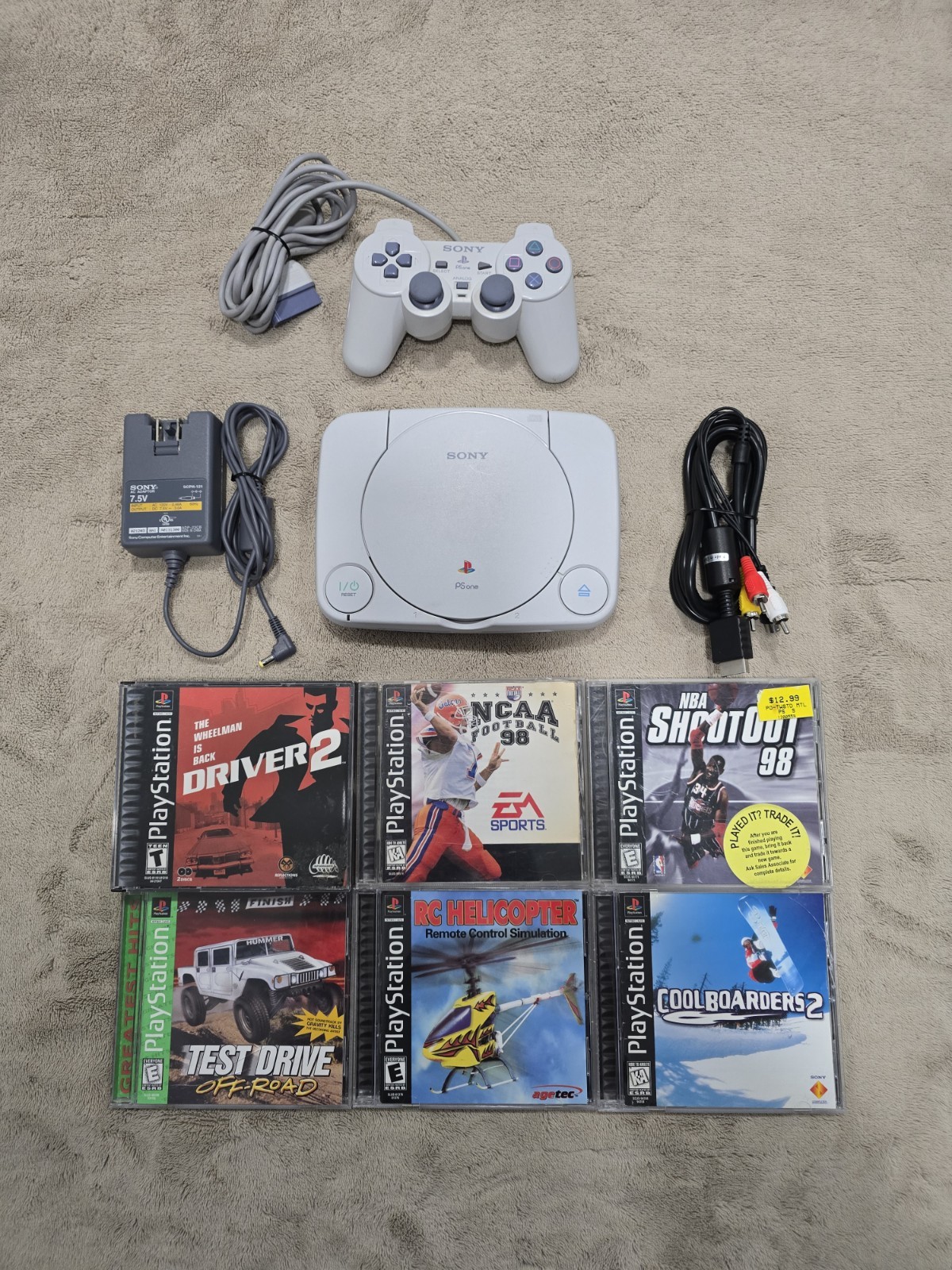 Sony PSone PS1 Console Bundle, Controller, Cables (S-Video) & 6 Games Included