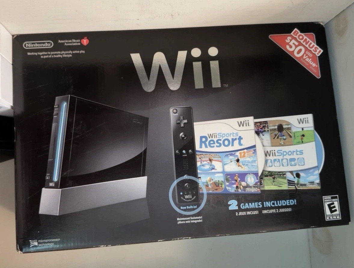 Nintendo Wii (RVL-001) Black Console Bundle w/ Wii Sports + Wii Sports Resort