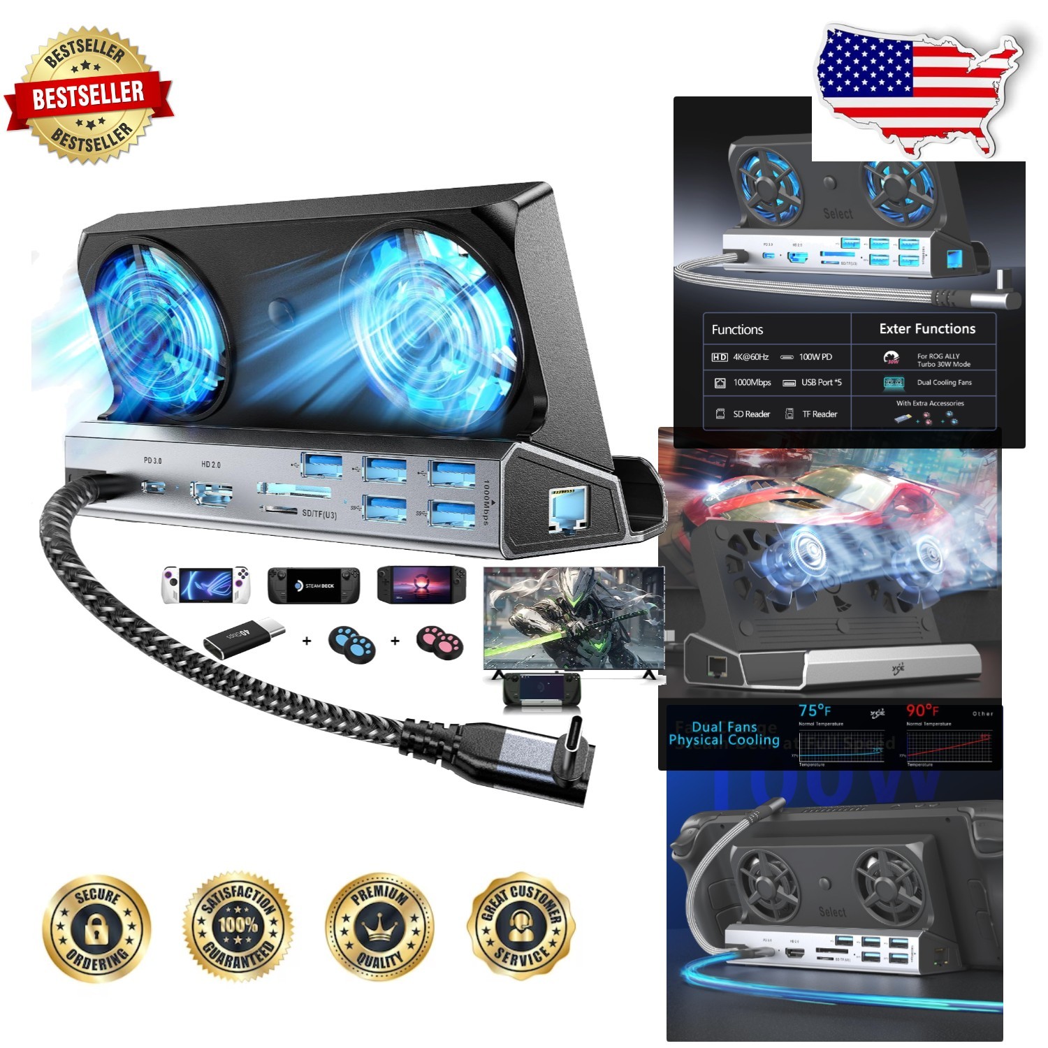 Elite Steam Deck Hub: 13-in-1, 4K@60Hz, Dual Cooling, 100W Fast Charge