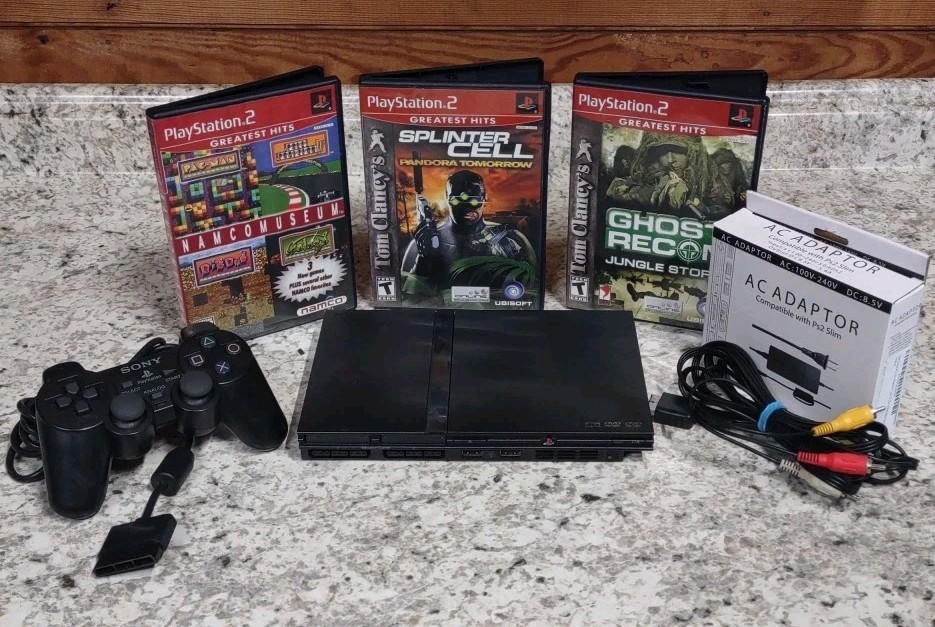 Sony PlayStation 2 Slim PS2 Black Bundle. Namco, Splinter Cell, Ghost Recon.