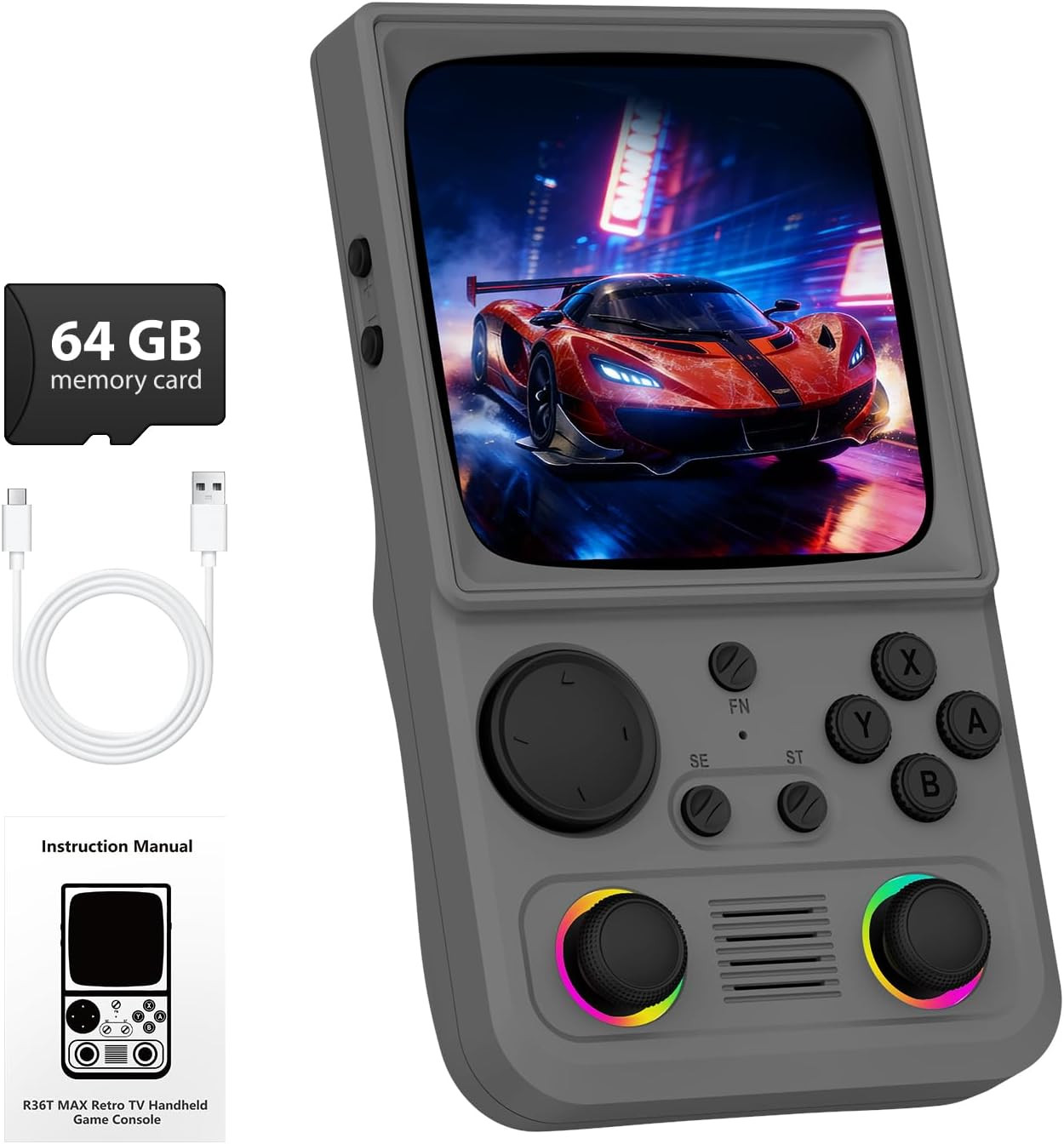R36TMAX Retro Handheld Game Console, 4.0” 720X720 IPS Screen, 64GB Supports 180