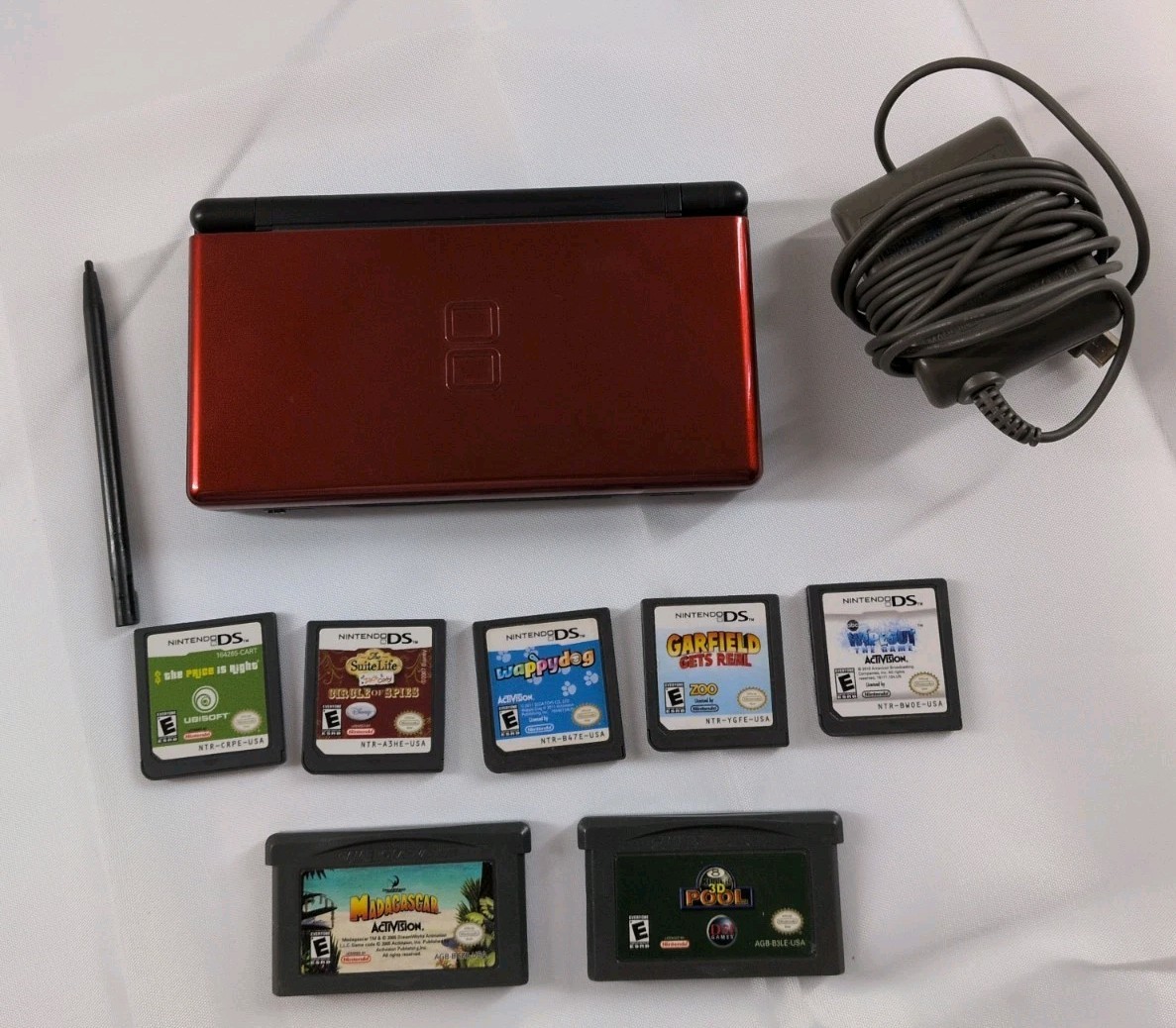 Nintendo DS Lite Crimson Handheld Red Black Model USG-001 Tested 7 Games Charger