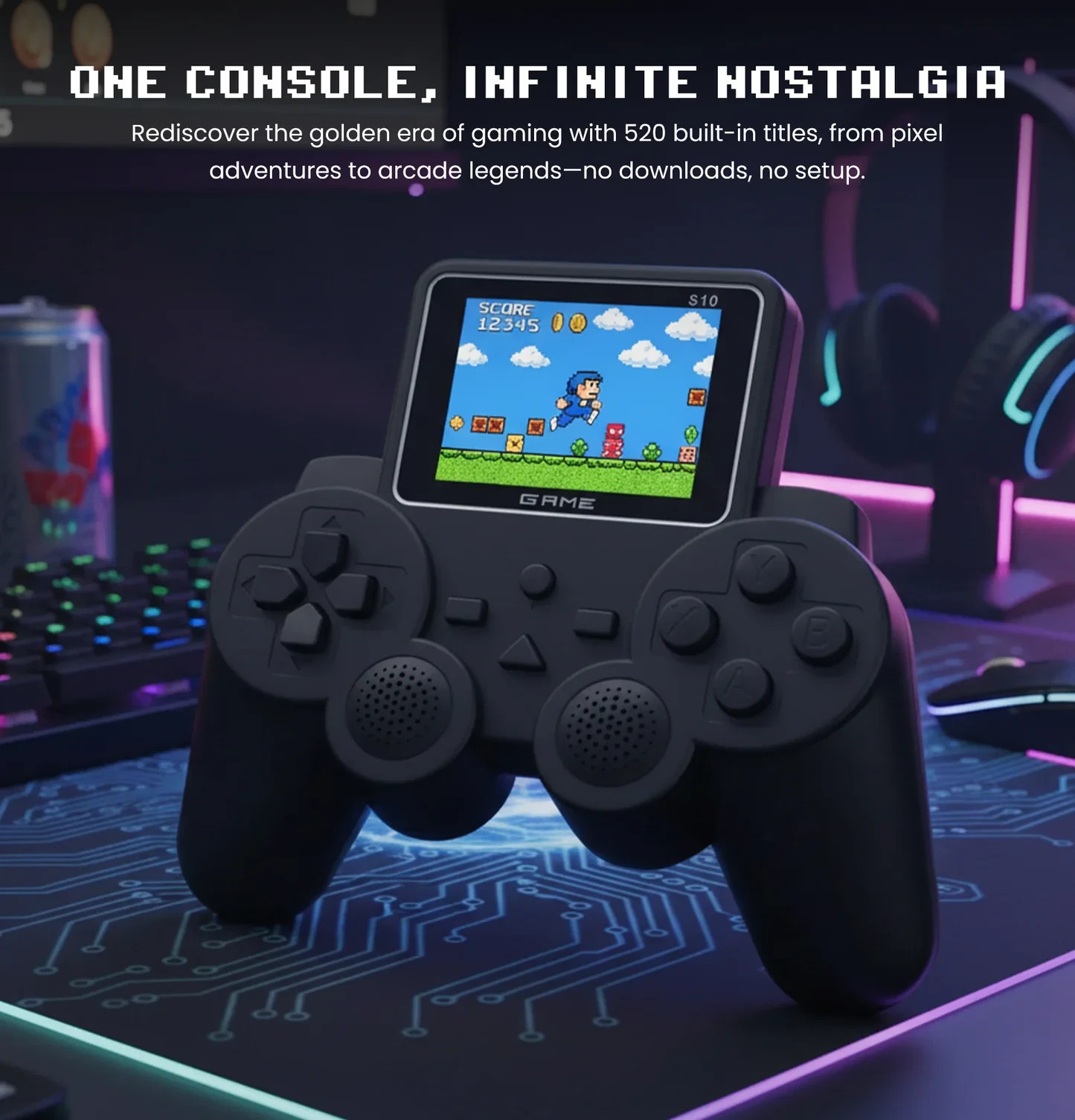 S10 MINI VIDEO GAME CONSOLE – 520 GAMES, DUAL CONTROLLER, AV OUTPUT