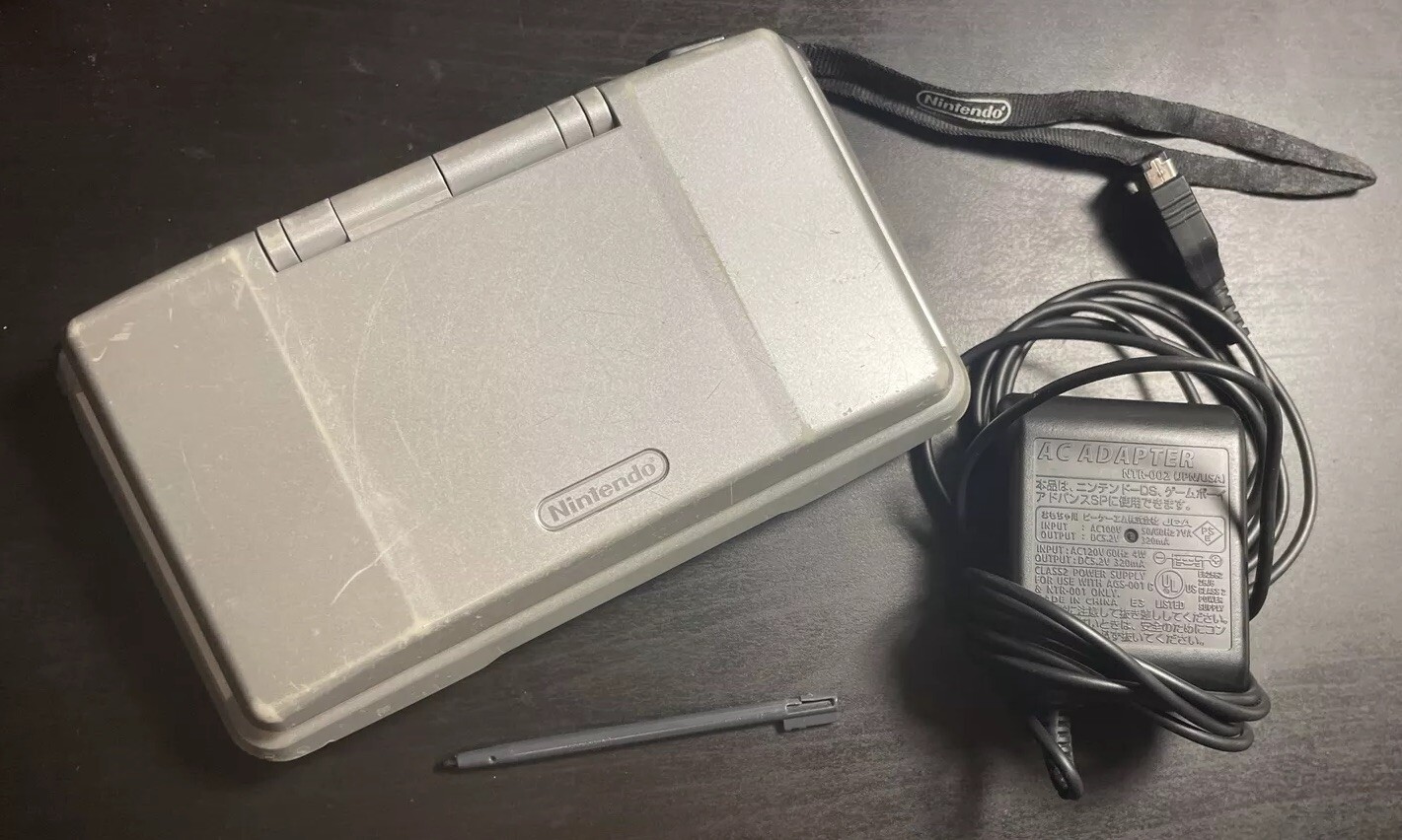 Silver Nintendo DS Handheld Video Game Works System NTR-001 Stylus Charger Cable