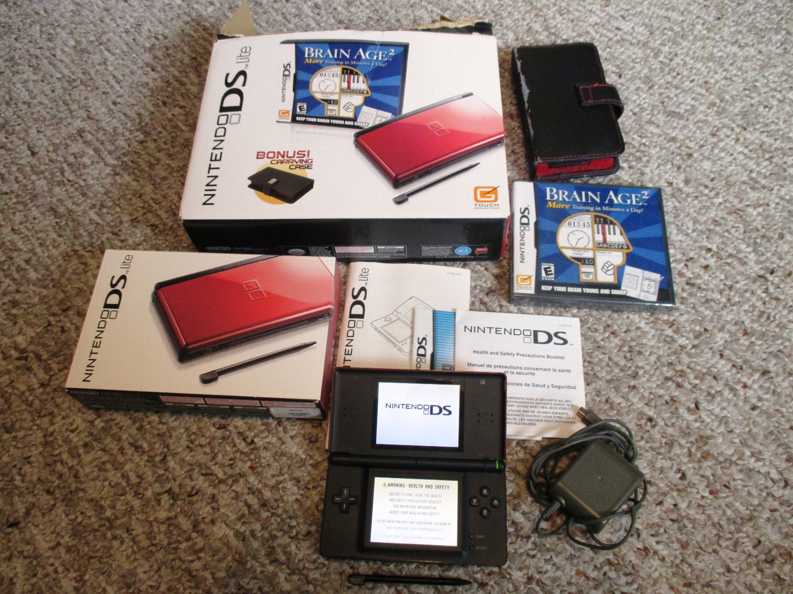 Nintendo DS Lite Crimson Red/Black System Brain Age 2 & Carrying Case Bundle