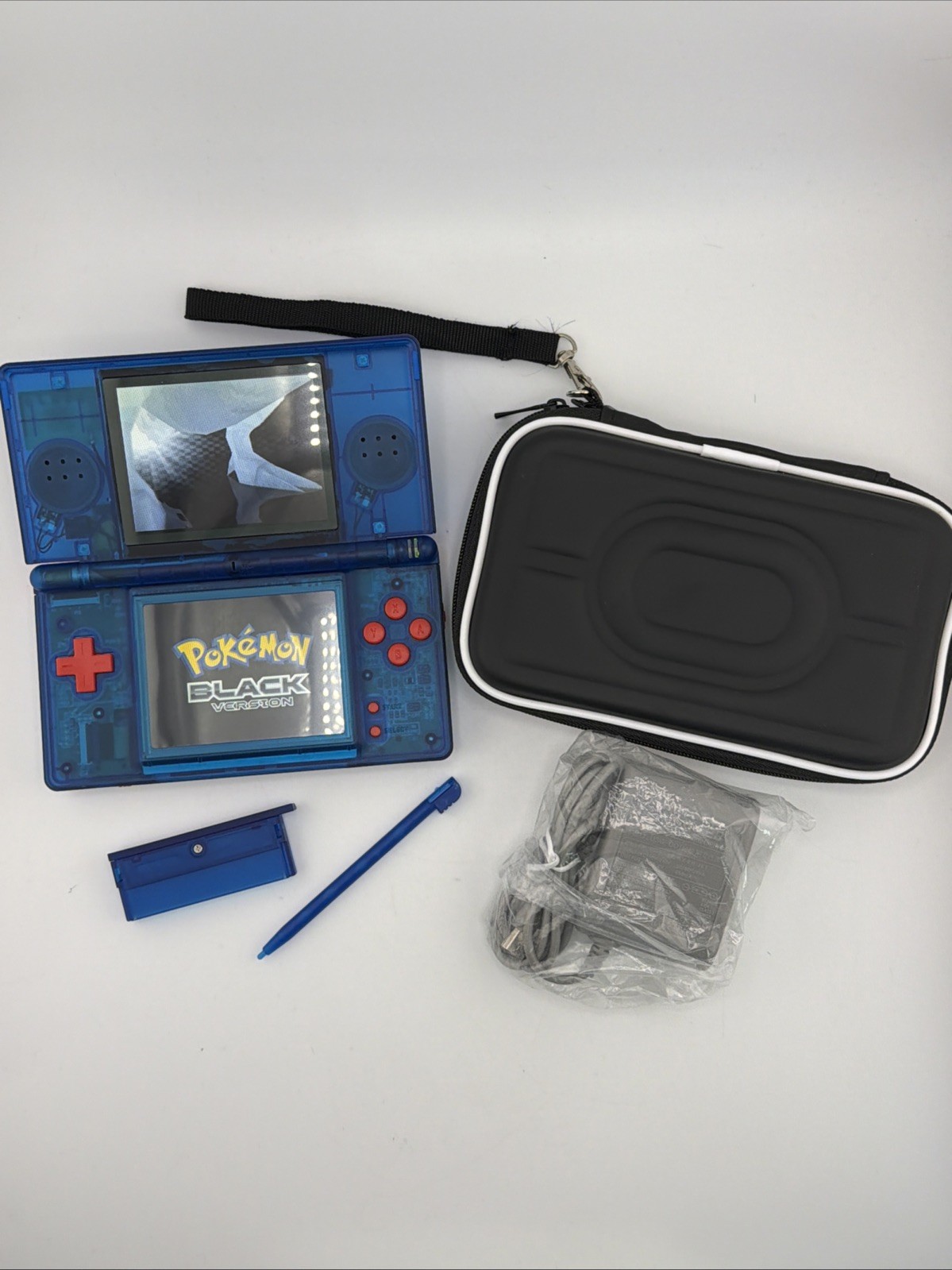 Nintendo DS Lite Transparent Clear Deep Ocean Blue Handheld with Charger & Case