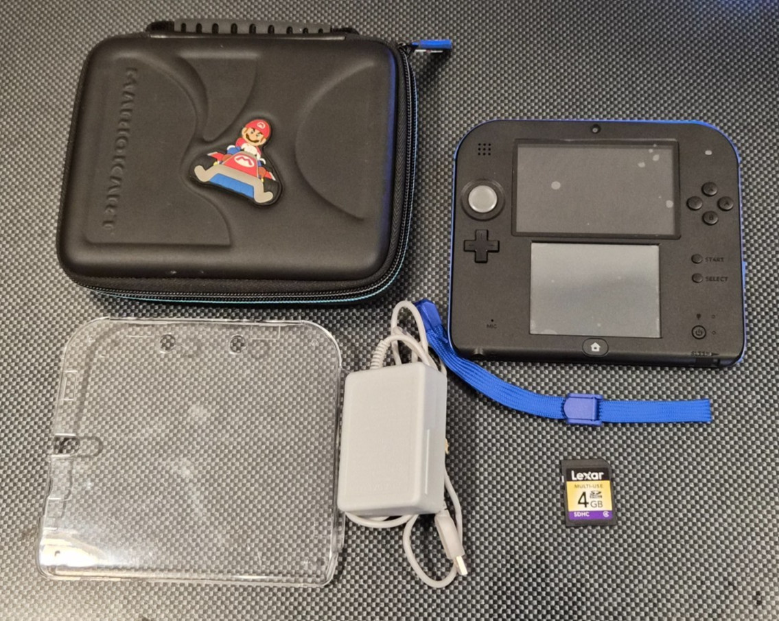 Nintendo 2DS Handheld Game Console Electric Black/Blue Case AC 4GB SD