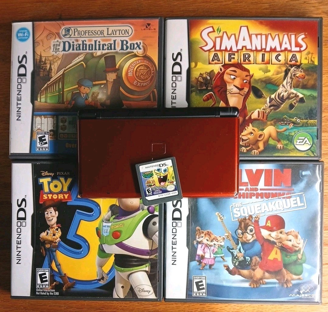 Nintendo DS Lite Lot Crimson Handheld System – Red/Black Plus 5 Games 4 Complete