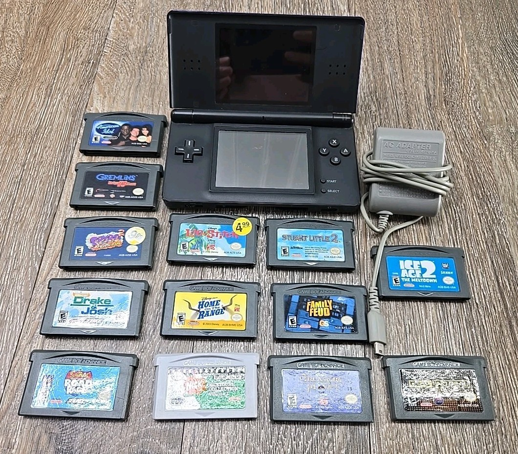 Nintendo DS Lite Console + 13 GBA Games Charger Cobalt/Black -Reset – NO Stylus