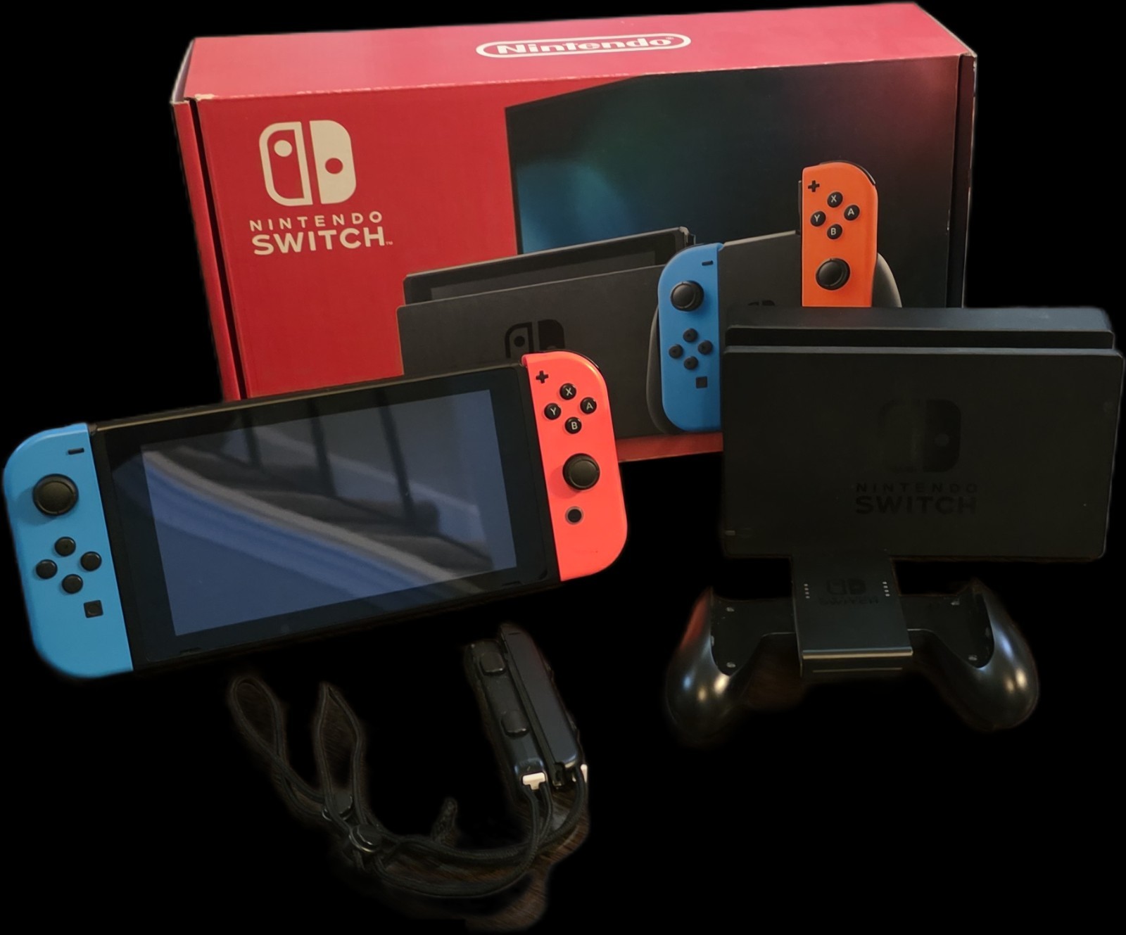 Nintendo Switch Handheld, Console, Neon Blue, Neon Red Joy-Cons, Straps, Box