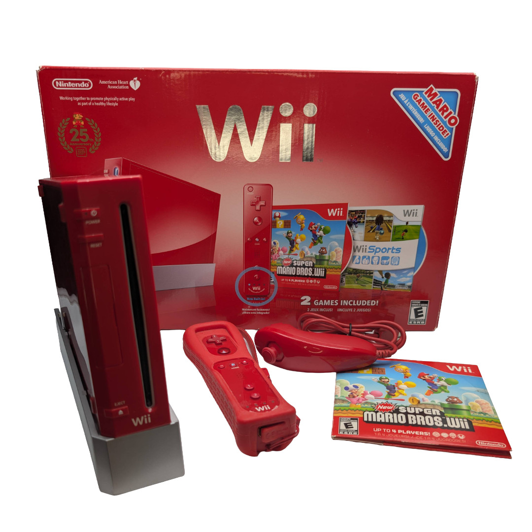 Nintendo Wii Red 25th Anniversary Console new Mario Bros. NEAR CIB System