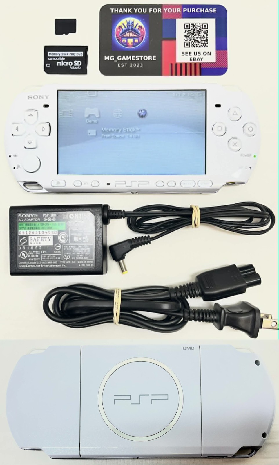 PSP 3000 Pearl White / New Battery / Genuine Sony Charger / Region Free / 16 GB